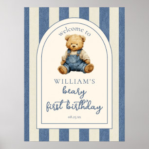 Blaue Jeans Teddybär 1. Geburtstags-Willkommenssch Poster