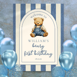 Blaue Jeans Teddybär 1. Geburtstags-Willkommenssch Poster