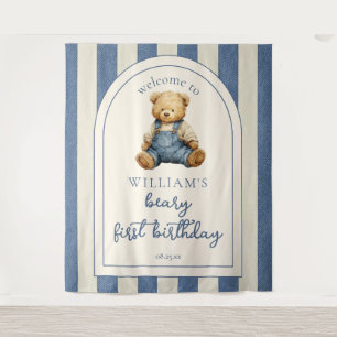 Blaue Jeans Teddybär 1. Geburtstagsfoto Hintergrun Wandteppich