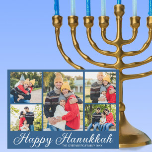 Blaue jüdische Familienfoto-Collage Frohes Chanukk Feiertagskarte