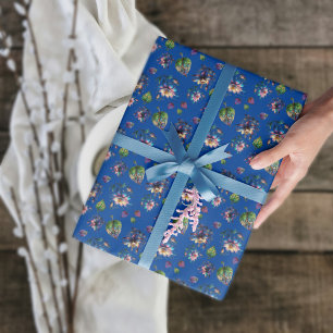 Blaue Jugendstil-Bleiglasfenster mit Akelei-Blumen Geschenkpapier