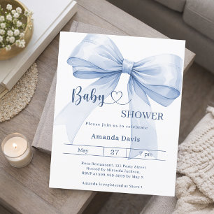 Blaue Jungen-Baby-Shower-Einladung mit Schleife