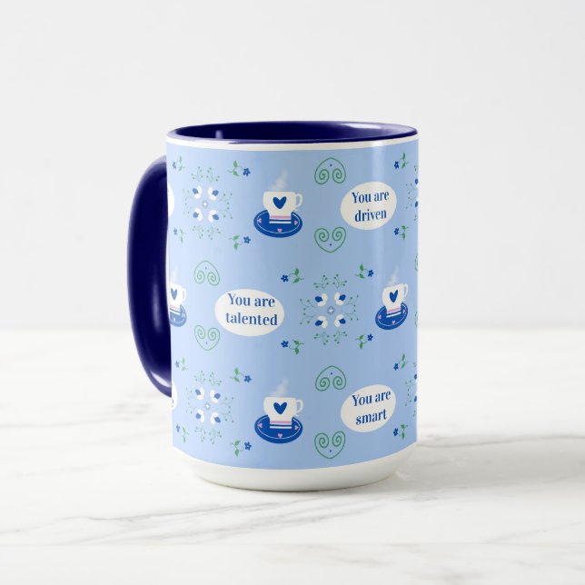 Blaue Kaffeetassen-Affirmationen-Tasse  Tasse (Vorderseite Links)