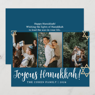 Blaue Kalligraphie Gerne Hanukkah Familie 4 Foto Feiertagskarte