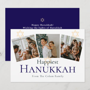Blaue Kalligraphie Happiest Hanukkah Familie 3 Fot Feiertagskarte