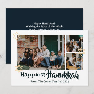 Blaue Kalligraphie Happiest Hanukkah Familie 3 Fot Feiertagskarte