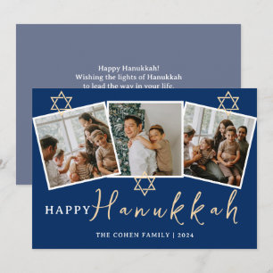 Blaue Kalligraphie Happiest Hanukkah Familie 3 Fot Feiertagskarte