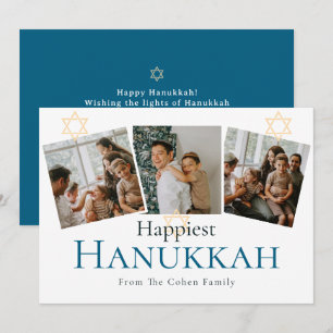 Blaue Kalligraphie Happiest Hanukkah Familie 3 Fot Feiertagskarte