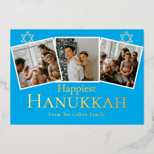 Blaue Kalligraphie Happiest Hanukkah Familie 3 Fot Folien Feiertagskarte