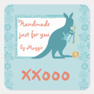 Blaue Känguru Stricknadeln Galle aus Garn Quadratischer Aufkleber