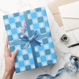 Blaue karierte Floral Geschenkpapier