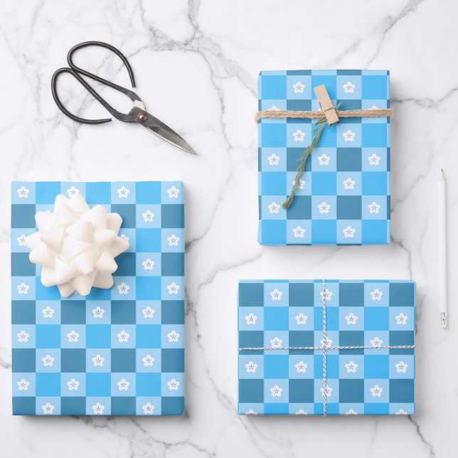 Blaue Karierte Floral Geschenkpapier Set (Vorderseite)