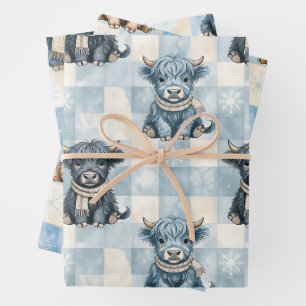 Blaue karierte Highland-Kuh Niedlich Geschenkpapier Set