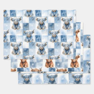 Blaue karierte Highland-Kuh Schneeflocke Winter Geschenkpapier Set