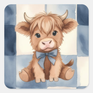 Blaue karierte Highland-Kuh Süßes Geschenk Quadratischer Aufkleber