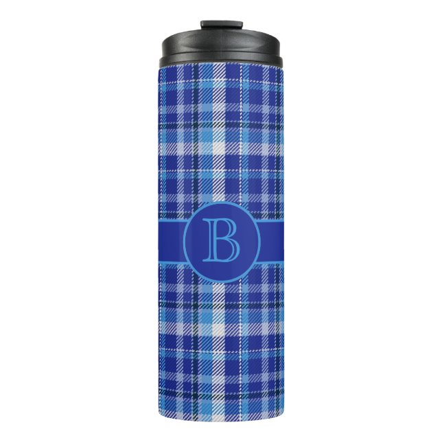 Blaue Karierte Monogramm-Thermaltumbler Thermosbecher (Vorderseite)