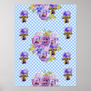 Blaue Karierte Stiefmütterchen-Blumen Shabby Chic  Poster