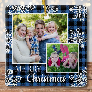 Blaue Karo 3 Foto Schneeflocken Frohe Weihnachten Keramikornament