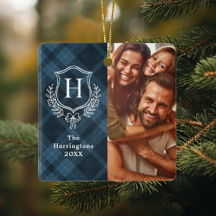 Blaue Karo-Familienwappen-Foto-Weihnachten Keramikornament