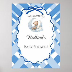 Blaue Karo Jungen Babyparty Bär Willkommen Poster