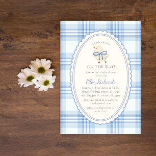Blaue Karo Kleine Huhn Junge Baby Shower Einladung