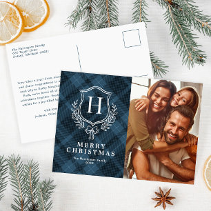 Blaue Karo Monogramm Foto Weihnachten