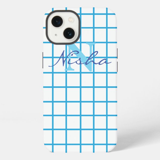 Blaue Karo-Monogramm iPhone Hülle (Rückseite)