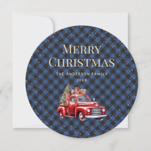 Blaue Karo-Muster-Weihnachtskarte mit rotem LKW un Feiertagskarte