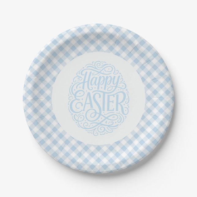 Blaue Karo-Ostern Pappteller (Vorderseite)