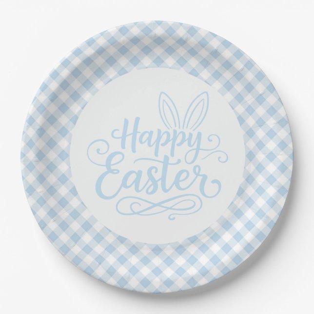 Blaue Karo-Ostern Pappteller (Vorderseite)