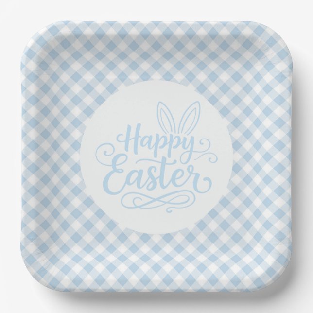Blaue Karo-Ostern Pappteller (Vorderseite)