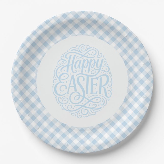 Blaue Karo-Ostern Pappteller (Vorderseite)