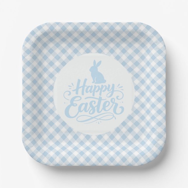 Blaue Karo-Ostern Pappteller (Vorderseite)