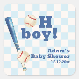 Blaue Karo-Schlagmann Baseball-Baby-Party  Quadratischer Aufkleber