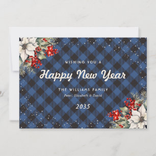 Blaue Karo-Schnee-Botanik-Neujahrskarte Feiertagskarte