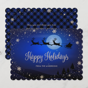 Blaue Karo-Schneeflocke-Rentier-Weihnachtsmann Feiertagskarte