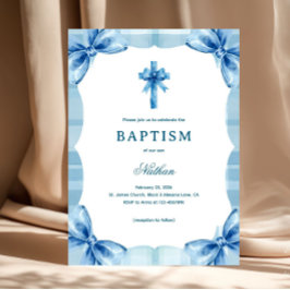 Blaue Karo-Wasserfarbe-Schleifen und Kreuz-Jungen- Einladung