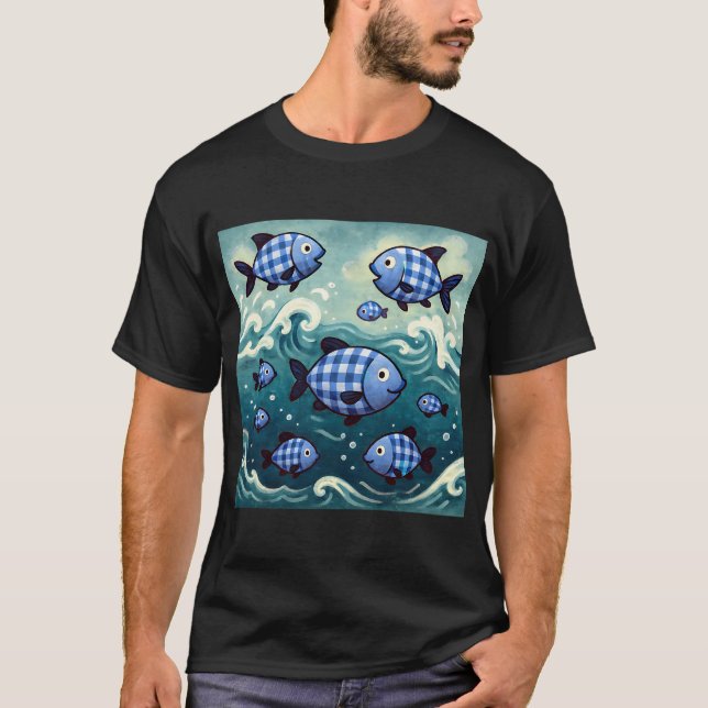 Blaue Karofischschule T-Shirt (Vorderseite)