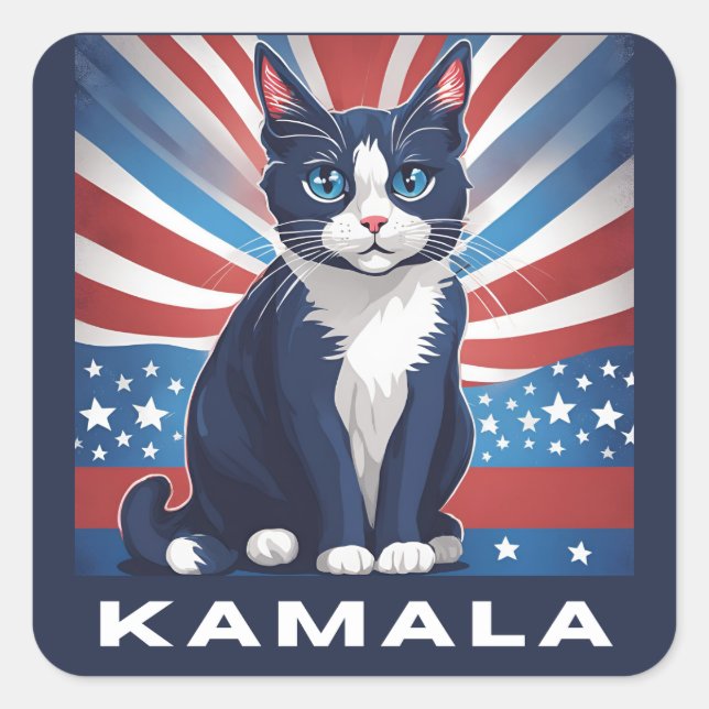 Blaue Katze für Kamala 2024 US-Wahldemokrat Quadratischer Aufkleber (Vorderseite)