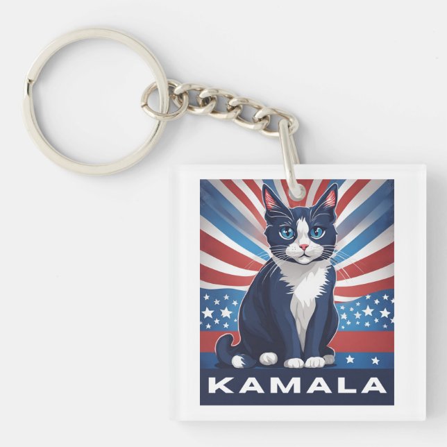 Blaue Katze für Kamala 2024 US-Wahldemokrat Schlüsselanhänger (Vorderseite)