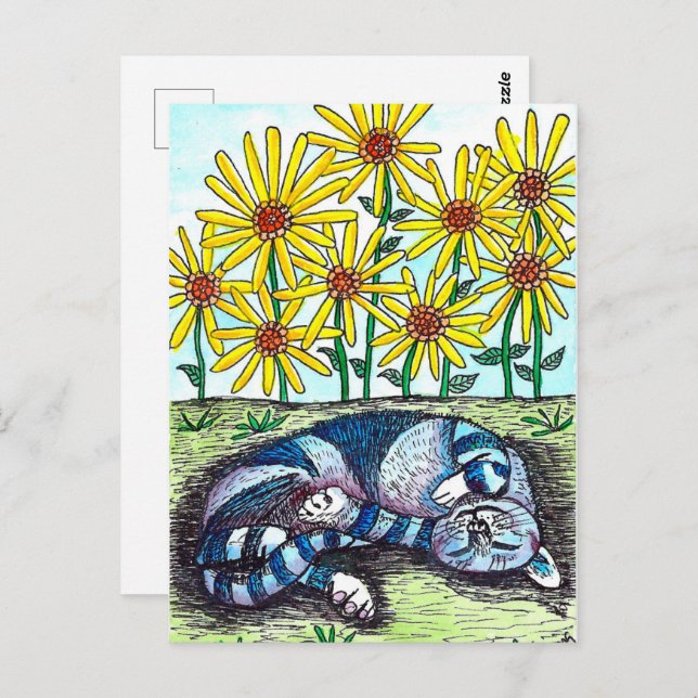 Blaue Katze & Gelbe Blumen Postkarte (Vorne/Hinten)
