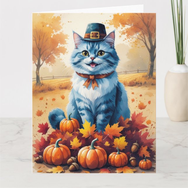 Blaue Katze im Herbst hinterlässt Erntedank Karte (Vorderseite)