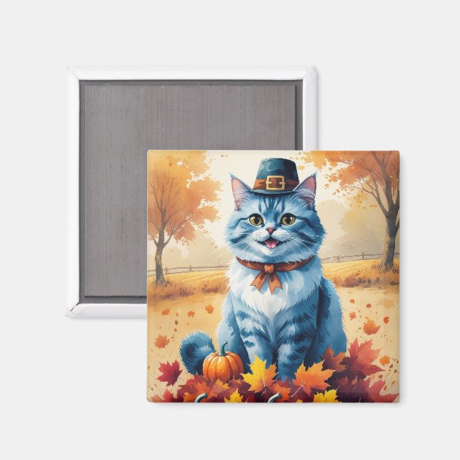 Blaue Katze im Herbst hinterlässt Erntedank Magnet (Vorderseite/Rückseite)