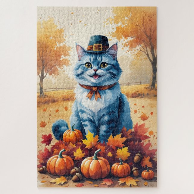 Blaue Katze im Herbst hinterlässt Erntedank Puzzle (Vertikal)