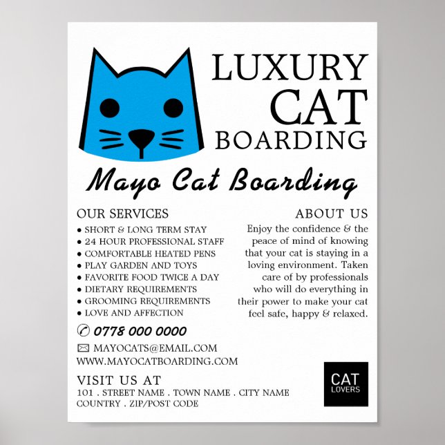Blaue Katze, Katze Boarding, Werbung Poster (Vorne)