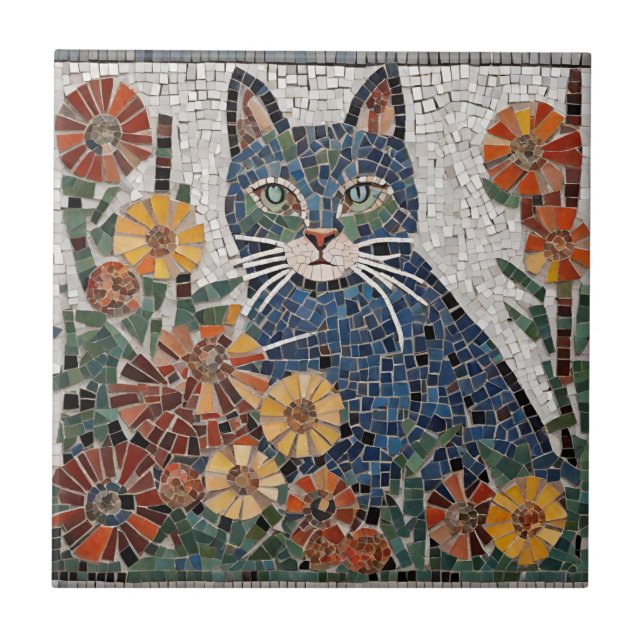 Blaue Katze mit Blume geflecktem Mosaik Fliese (Vorderseite)
