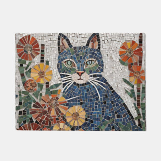 Blaue Katze mit Blume geflecktem Mosaik Fußmatte