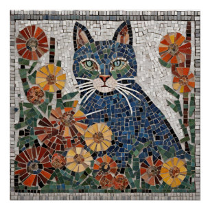 Blaue Katze mit Blume geflecktem Mosaik Poster