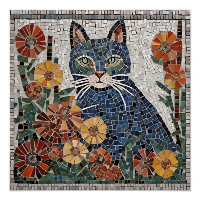 Blaue Katze mit Blume geflecktem Mosaik Poster (Vorderseite)