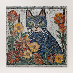 Blaue Katze mit Blume geflecktem Mosaik Puzzle